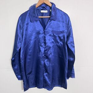 Vintage Erika Taylor Intimates Womens Sleepwear Shirt Size M Satin Lace Blue